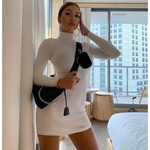 New Autumn Fashion Women’s Long-sleeved Solid Color Dress Turtleneck Knitted Skinny Short Mini Dress Ladies Casual Streetwear