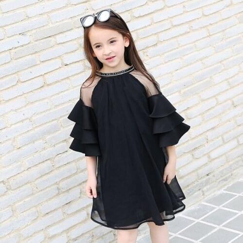 Girls Chiffon Dresses 2020 Summer Black Children Clothing Teens Big Girls Cute Ruffle Sleeves dress 6 7 8 9 10 11 12 13 14 Years