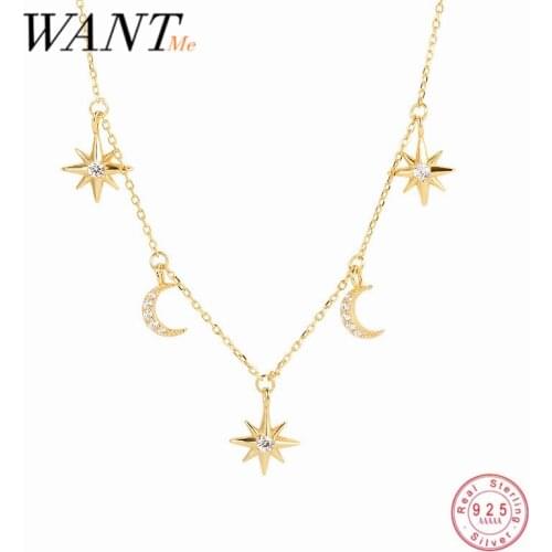 WANTME Genuine 925 Sterling Silver Luxury Shiny Zircon Star Moon Pendant Clavicle Chain Necklace for Women Wedding Party Jewelry
