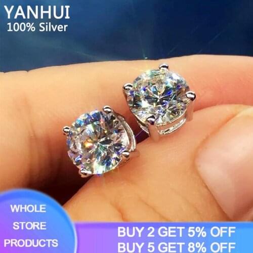 YANHUI Solitaire 6mm/8mm Lab Diamond Stud Earring Real 925 Sterling Silver Jewelry Engagement Wedding Earrings for Women men