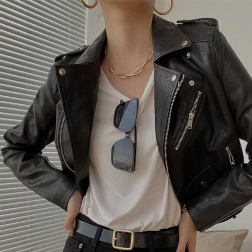2021 New Women PU Leather Jacket Retro High Street Turn-down Collar Short Black Faux Leather Jacket Female Loose Faux Fur Coat
