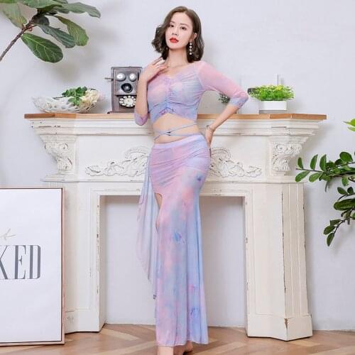 Women Sexy Oriental Belly Dance Costume Set Top&Skirt Dancer Performance Practice Clothes Suit Net yarn Irregular Long Skirt