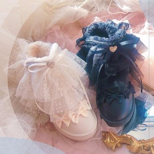 Gothic Black Ruffled Round Bow Shoes Punk Lolita Lolita Lace Snow Boots Set Foot Low Tube Butterfly Female Boots Cos Lolita Loli