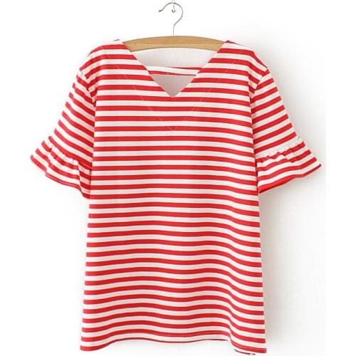 Plus Size Womens V-neck Tops Short Sleeve Striped Summer Shirts Oversized Tshirts