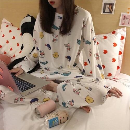 Womens Pajamas Set Cartoon Print Round Neck Pullover Long-Sleeved Trousers Two-Piece Spring Autumn Loose Casual Female Homewear