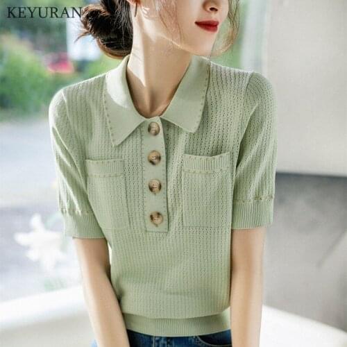 Women Knitted Buttons Cropped Sweater Korean 2021 Women Elegant Turn Down Collar Stretch Knitwear Short Sleeve Thin Crop Tops