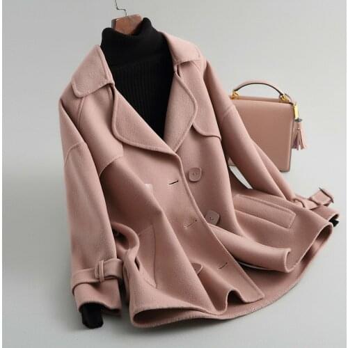 2020 Korean Pink Wool Coat Women Spring Autumn Double-sided Woolen Ladies Coats and Jackets Abrigos Mujer Elegante KQN38053