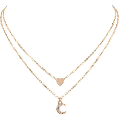 2018 Fashion Jewelry Cute Heart Moon Layered Pendant Necklace Steampunk Exo For Women Girl Statement Necklace