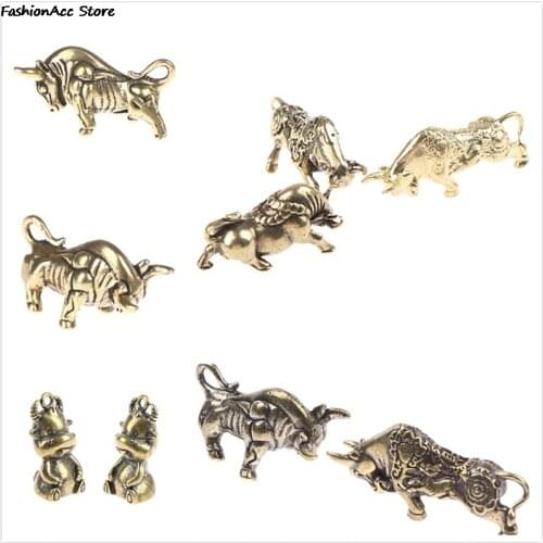 1PC Brass Zodiac Bull Figure Rope Keyring Hanging Trinkets Vintage Copper Cute Cow Calf Pendants Keychain Women Backpack Decors