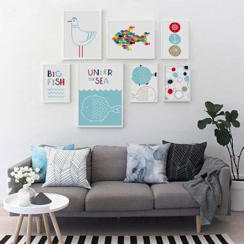 07G Simple Cartoon Fish Seagull Shellfish A4 A3 A2 Canvas Art Painting Print Poster Picture Childrens Bedroom Wall Decoration