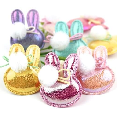 15Pcs 3*4.5cm PU Leather Rabbit Flowers Ball Padded Appliques For clothes DIY Baby hair Clip headwear Decor Ornament Accessories