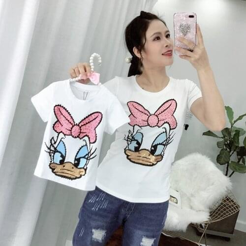 2019 ladies bow embroidery sequins heavy industry drill printed duck short-sleeved white T-shirt parent-child outfit