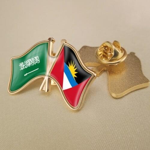 Saudi Arabia and Antigua and Barbuda Crossed Double Friendship Flags Lapel Pins Brooch Badges