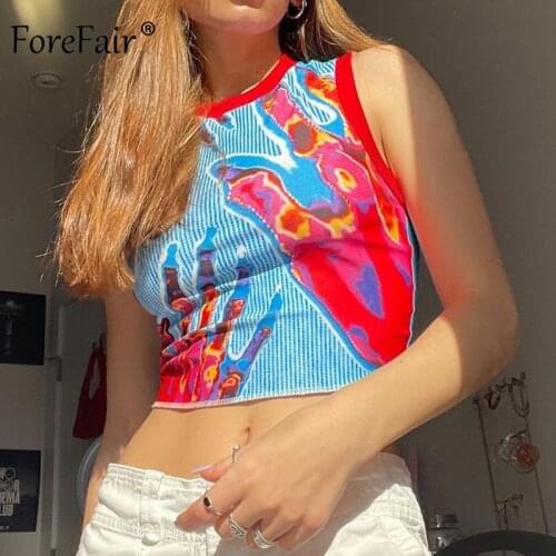 Forefair Vintage Print Tank Tops Y2K Sleeveless O Neck Crop Top Women 2021 Summer Sweats Beach Tee Streetwear