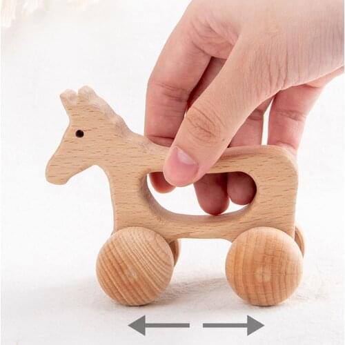 Cartoon Animal Design Wooden Mini Car Children Kids Gift Educational Teether Toy
