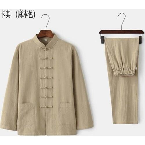 Spring&Autumn Chinese wind cotton&linen tang suit men kung fu martial arts uniforms hanfu meditation lay clothing khaki/green