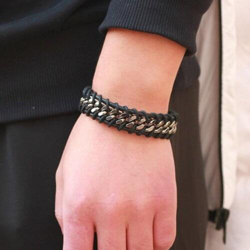 Punk Style Design Leather Bracelet Wide Cuff Hollow Bracelet For Men Jewelry Wholesale Stainless Steel Bracelets