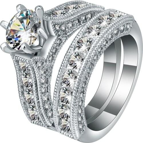 Hainon Fashion Dazzling Round CZ Paved Engagement Rings Set Wedding White Crystal Silver Color Jewelry for Women Gifts