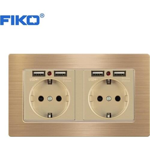 FIKO 16A EU dual frame wall socket stainless steel panel double socket with usb family hotel 146mm*86mm