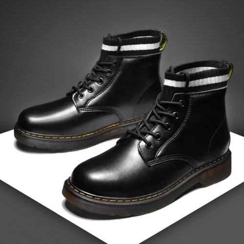 ZEEKSON Socks Mens Boots Car Stitching Solid Color Mens Shoes Winter Black Casual Leather Martin Boots High-top Mens Shoes