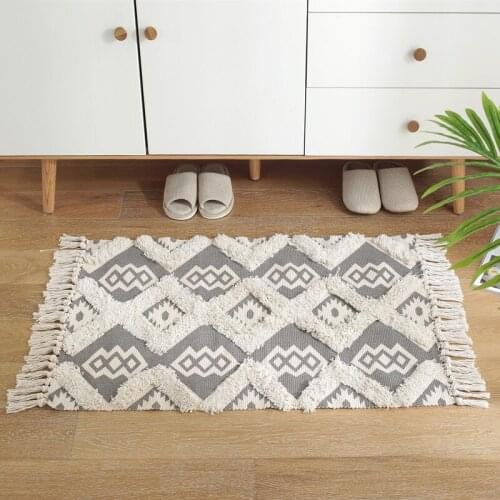 New Geometric Wave plush braided carpet with tassels Cotton Hand Woven Printed Area Rug for family bedroom window non-slip mat
