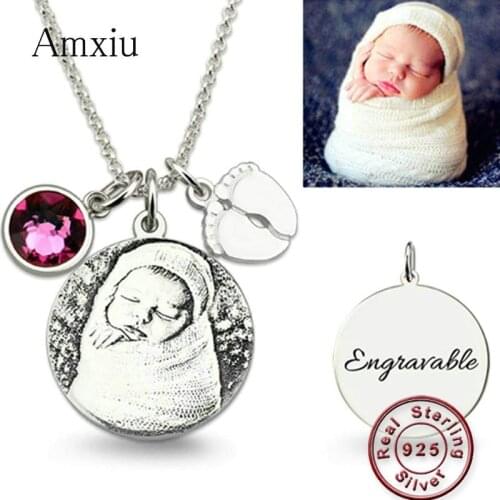 Amxiu Personalized 925 Sterling Silver Necklace Engrave Family Photo with Birthstone Name Pendant Necklace Feet Picture Jewelry