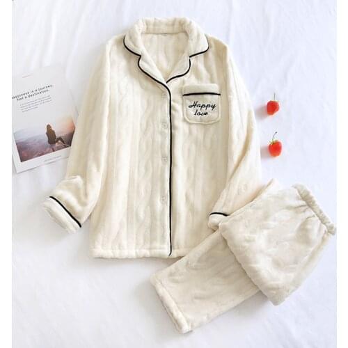 Pajamas Set Women Autumn/winter Thick Long Sleeve Men Nightgown Plain Color Simple Keep Warm Loose Comfy Flannel Couple Homewear