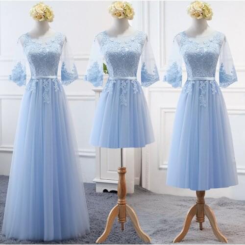 MNZ-17T#Embroidered Sky Blue Bridesmaids Dresses Long Lace up Middle sleeve Marriage Sister Christmas Dress Girls wholesale