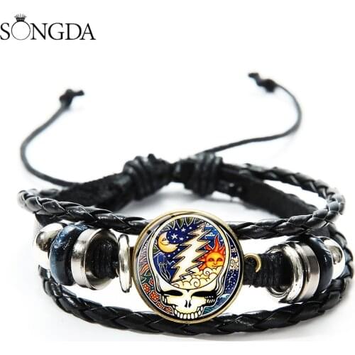 Hot Rock Band Grateful Dead Bracelet Gothic Music Skull Image Glass Dome Wrap Leather Bracelet Mens Wristband Accessories