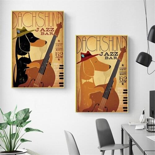 Retro Decor Vintage Poster Dachshund Jazz Bar Decor Canvas Wall Art Pictures for Home Design Paintings for Interior Frameless