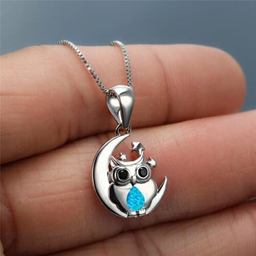 Luxury Female Blue Opal Pendant Necklace Boho Silver Color Animal Chain Necklaces For Women Cute Star Moon Owl Wedding Necklace