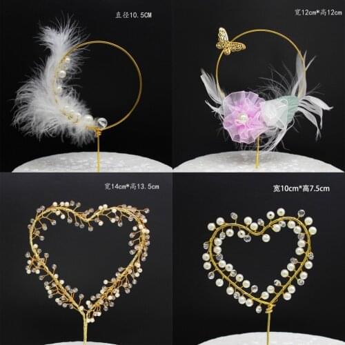 Happy Birthday Iron Heart Star Moon Art Cake Topper Pearl Feather Design Birthday Party Wedding Baking Cake Decor Supplies