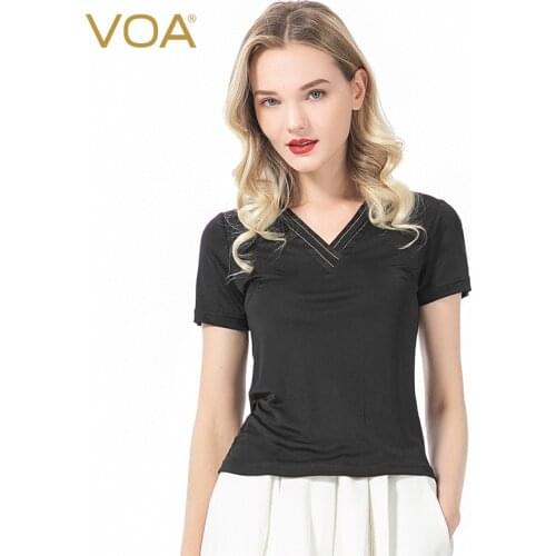VOA Silk 33m/m Heavy Double-sided Knitted V-neck Gold Border Elastic Glutinous Soft Short-sleeved B9650 t Shirt Harajuku