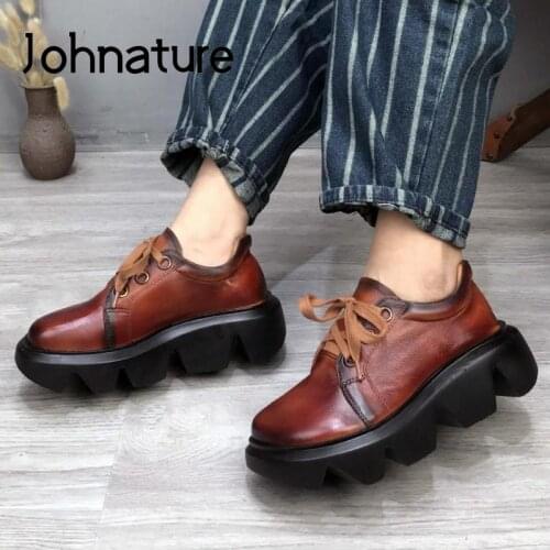 Johnature Platform Heels Genuine Leather Women Shoes 2020 New Spring/autumn Lace-up Casual Retro Round Toe Handmade Ladies Shoes