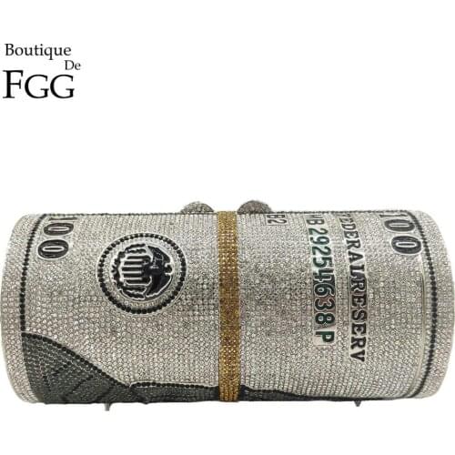 Boutique De FGG Hand-Made Stack of Cash Round Women Crystal Evening Money Clutch Bags Diamond Minaudiere Party Handbags Purse