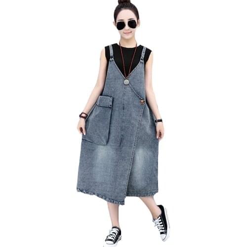 Oversized Spring Women Denim Strap Dress One-Piece Dress Loose Casual Fashion Slim Large Pocket Strap Dress Female Large size