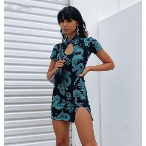 Dress for Women Dragon Gothic Hem Split Sexy Mini Dresses Hollow Out Cheongsam Vintage PartySummer new