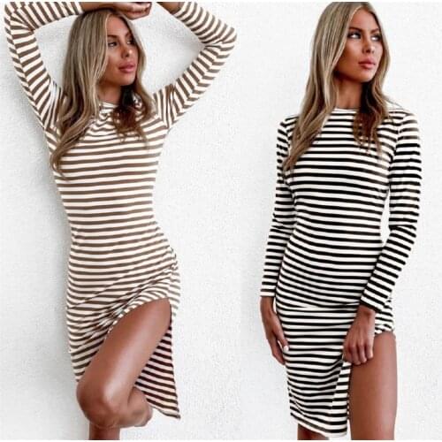 2020 Summer Autumn Dresses for Women Stripe Dress High Slit Long Sleeve Knee Length Dress