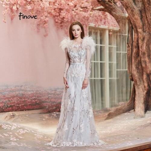 Finove 2020 Elegant Mermaid Evening Dresses Long Sleeves With Appliques Feathers Sexy Illusion Backless Party Dress For Women