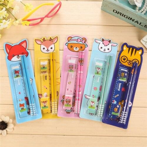 10packs/lot 5 in One Cartoon Animals Pencil Rule Eraser Writing Stationery Kits Kids Birthday Party Favor Take-home Gifts