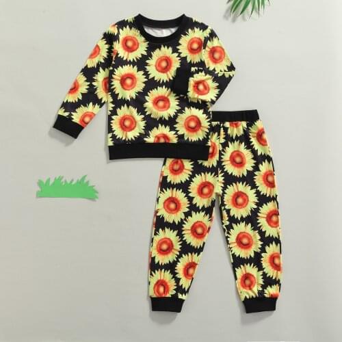 2 Pcs Spring Kids Girls Casual Sunflower Outfits Clothes Girls Print Long Sleeve O-neck Tops Trousers Child Girl Sets