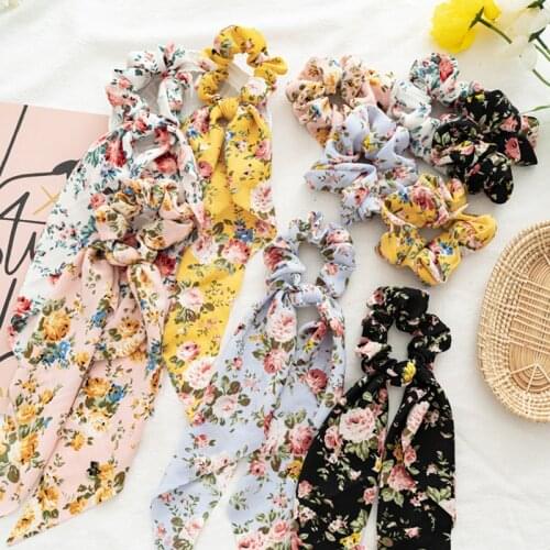 Bohemian Floral Long Hair Curly Hair Ribbon Large Intestine Streamer Hair Band Bow Large Intestine Hair Ring Floral Large