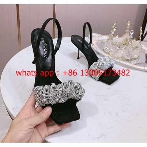 Design brand sexy lady summer black crystal sandal open toe slingback high heel woman rhinestones sandal