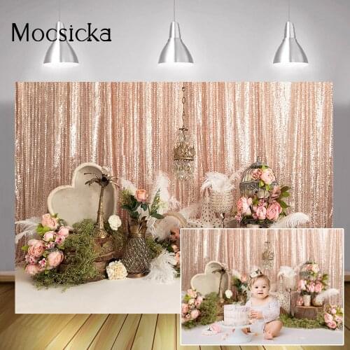 Photography Children Birthday Cake Smash Backdrop Spring Flowers Birdcage Baby Kids Portrait Background Studio Rose Pink Curtain