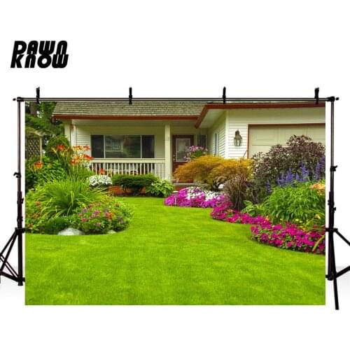DAWNKNOW Green Lawn Photography Background Flower Garden Villa Scenic Photographic Backdrops Wedding Children Photocall lv1431