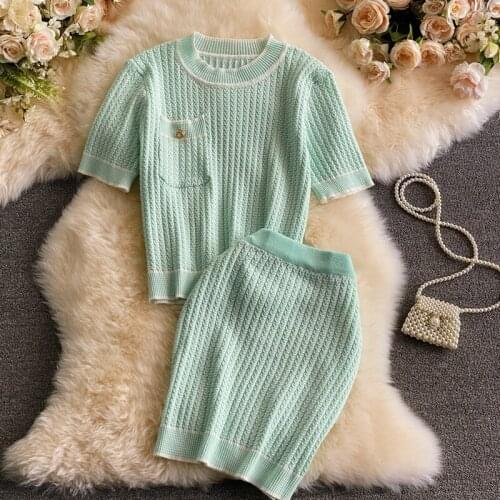 Summer French ladies short-sleeved T-shirt hollow top two-piece knitted skirt A-line skirt suit women