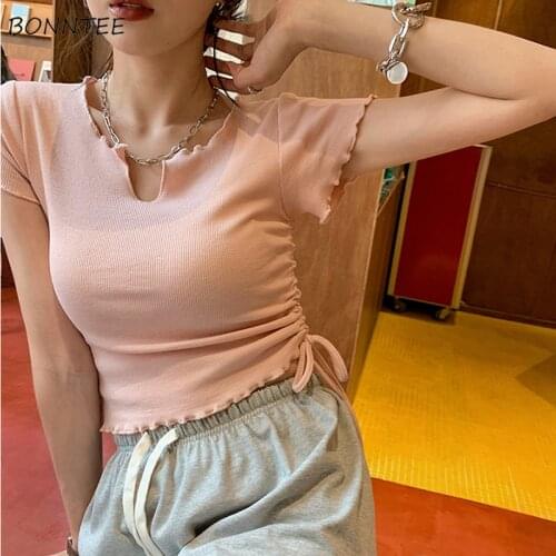 T-shirts Women Solid Skinny Simple Korean Style Basic Crop Top Hot Sale Summer BM 3 Colors Fashion Casual Sexy Popular Female