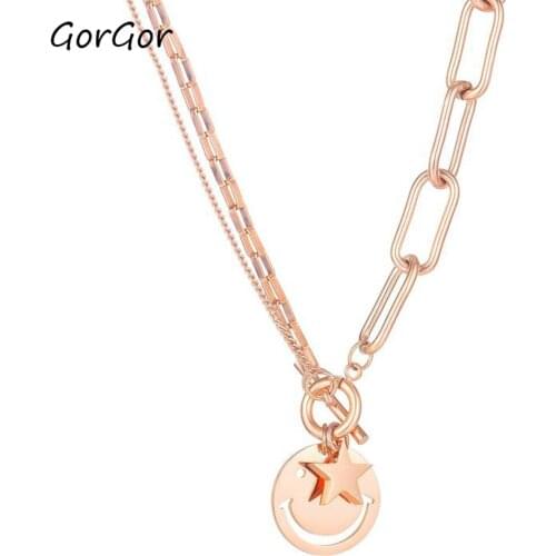 GorGor Necklace Women Stainless Steel Pattern Smiley with Star Pendant Sweet Simplicity Individuality Accessories TX-1771
