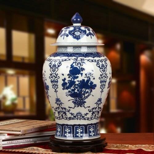 Chinese Reproduction ceramic ginger jar vase Antique Porcelain temple jars home decoration large blue and white ginger jars