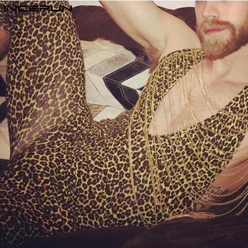 INCERUN Sexy Leisure Leopard Mens Comfortable Homewear Rompers Long Sleeve Stylish Sleep Bottoms Print Halterneck Jumpsuit S-5XL
